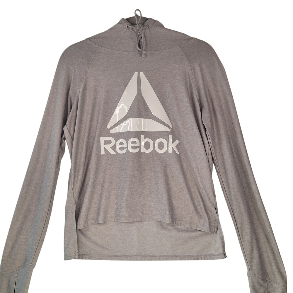 Reebok Cropped Hoodie Womens XSM Gray Spell Out Logo Relaxed Fit Pullover